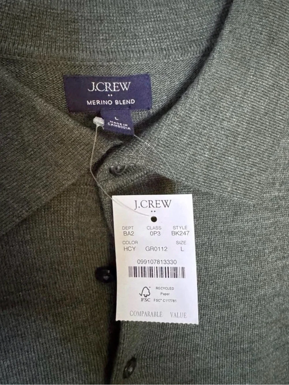 J. Crew Olive Green Merino blend polo sweater